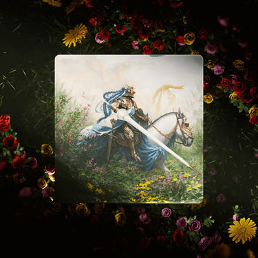 The Return Glass Edition uncoated glass mousepad with knight artwork and floral frame design