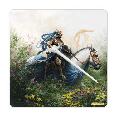 Knight in armor on a white horse in a fantasy setting with flowers