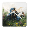 Knight in armor on a white horse in a fantasy setting with flowers