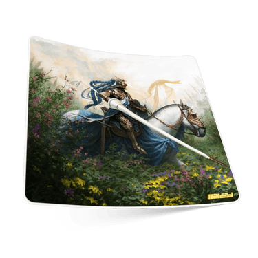Mouse pad with a fantasy design of a knight on horseback in a field
