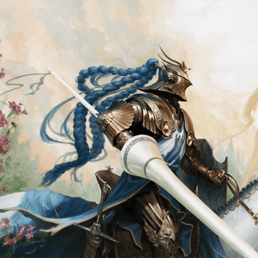Close-up of a knight in armor with a lance against a decorative background