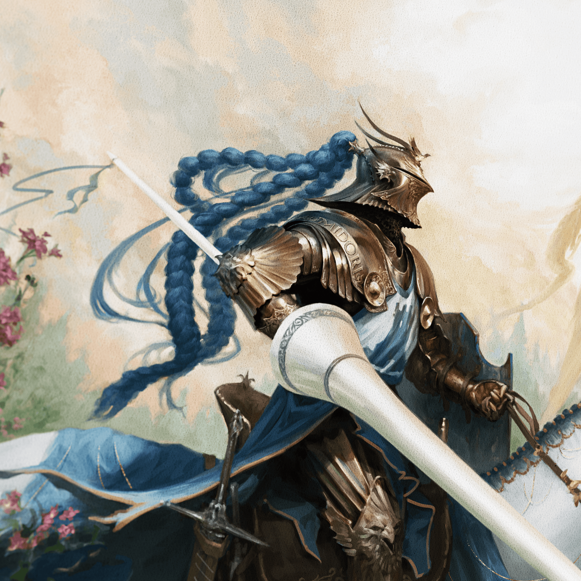 Close-up of a knight in armor with a lance against a decorative background
